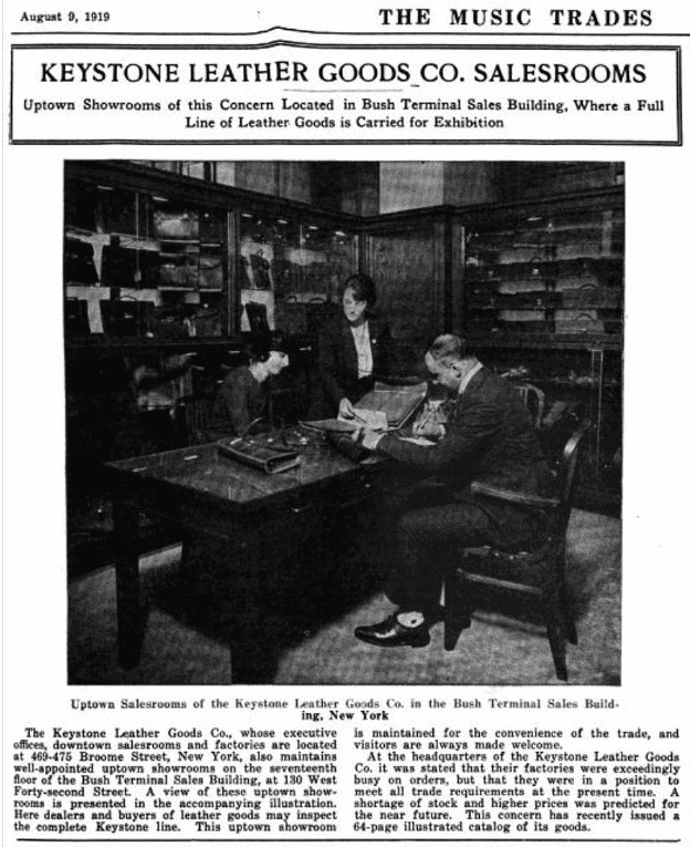 A man and woman in an office with shelves of leather goods.