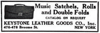 Vintage newspaper ad for music satchels and double cases made of leather.