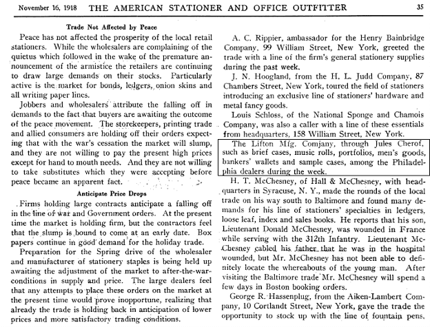 A vintage newspaper clipping about American hatters and office outfitters with a decorative border.