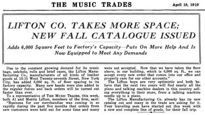 Newspaper clipping about a company's expanded fall catalogue for musical instruments.