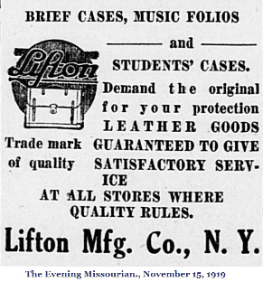 Vintage advertisement for Lifton leather goods and student cases.