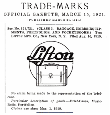 Vintage Lyfton trademark label from 1921 with detailed text and logo.